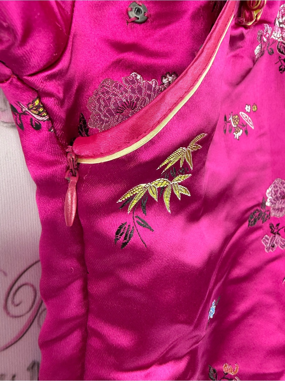 Eastern collection dress Girls' Hot Pink Satin Floral Cheongsam Mandarin Collar - Picture 7 of 10